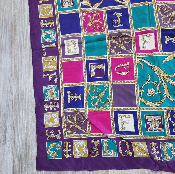 VTG Georgiou 100% Silk Scarf Purple Pink Blue Letters Squares 34x33 - Picture 9 of 12